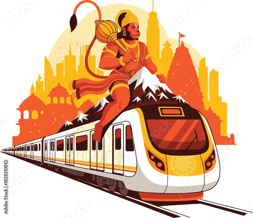 Flat editorial‑style vector of Hanuman standing confidently on top of a stylized metro train instead of a mountain, with city skyline and temple silhouettes in the background in a warm orange