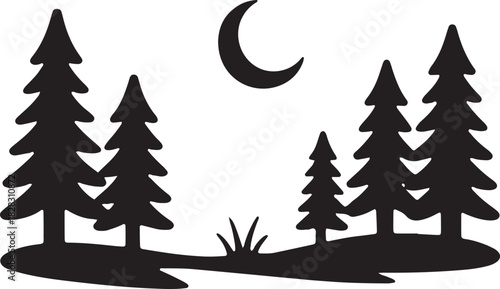Silhouette Of Forest With Moon Isolated On Transparent Background Nature