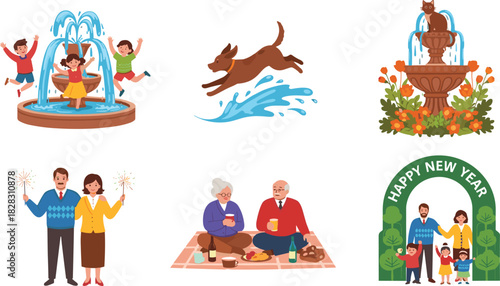 Joyful family moments, festive celebrations, pets and people enjoying fountains, sparklers, picnics, and New Year under vibrant outdoor scenes