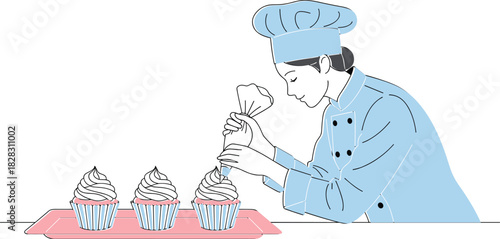 Professional pastry chef decorating cupcakes with icing in bakery kitchen, showcasing culinary skills, dessert preparation, and baking artistry process.