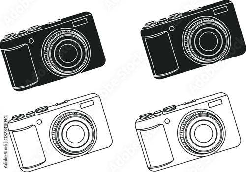 Stylized digital camera icons in black and white outline, compact photo device illustration for photography, technology, and design themes