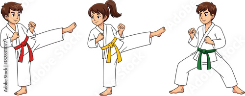 Cartoon martial artists in colorful belts performing karate moves and stances in traditional gi uniforms on white background vector illustration