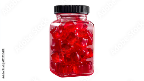 Glass bottle filled with red maraschino cherries in syrup