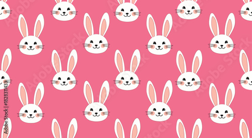 Cute white bunny heads with pink inner ears and cheerful faces, arranged in a delightful seamless pattern on a vibrant pink background.