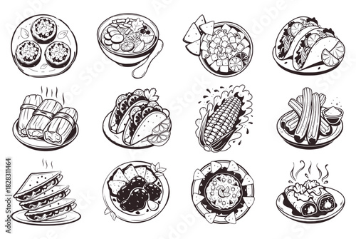 Black and white hand-drawn icon set of classic Mexican street food and dishes, including tacos, tamales, pozole, elote, and churros. Perfect for restaurant menus, cookbooks, or food blog graphics.