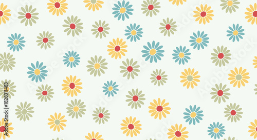 Whimsical seamless pattern with scattered hand-drawn daisy flowers in pastel yellow, blue, and green, on a light background.