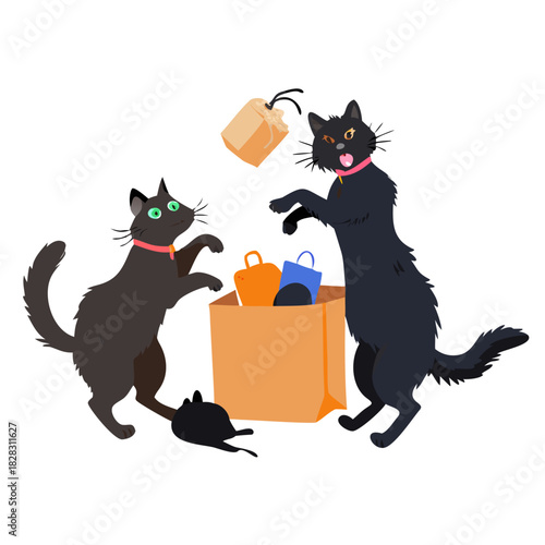 Black cats play with cardboard boxes plastic and shopping bags. Cat is misbehaving and playing around, crazy funny fluffy kittens racy vector clipart
