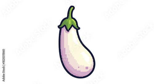 Charming pixel art illustration of a white eggplant with a green stem, rendered in a retro 8-bit style on a clean white background.