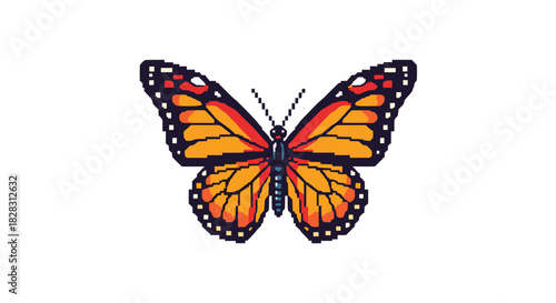 A vibrant pixel art butterfly in orange and black, showcasing intricate wing patterns on a clean white background.