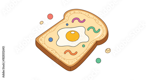 A whimsical and vibrant cartoon illustration depicting a piece of toast topped with a perfectly fried egg and colorful sprinkles, offering a playful breakfast theme.