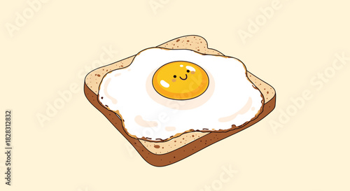 A cheerful and minimalist digital drawing of a happy fried egg with a smiling face served on a piece of toasted bread.