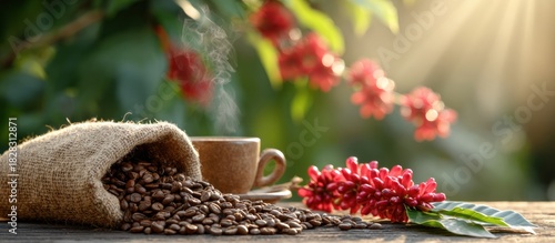 Aromatic coffee beans spilling from burlap sack with cup and flowers.