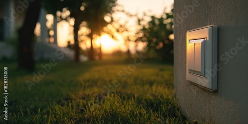 Illuminated Light Switch at Sunset - A Symbol of Energy and Transition.