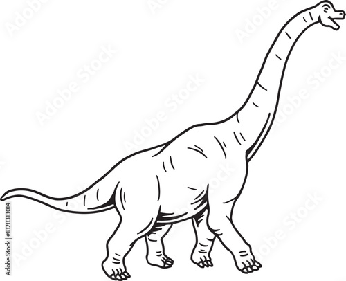 Simple line art vector illustration of a walking Brachiosaurus dinosaur
