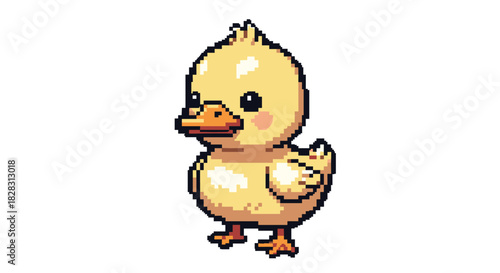 Adorable pixel art illustration of a cute yellow baby duckling standing serenely, featuring a charming retro video game aesthetic on white.