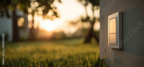 Illuminated Outdoor Wall Light Fixture at Sunset.