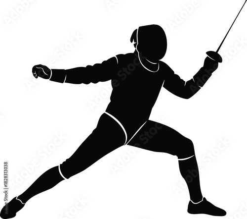 Black silhouette of a fencer in motion holding a foil sword fencing sport