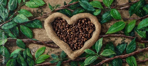 Heart-shaped bowl filled with coffee beans surrounded by green leaves.