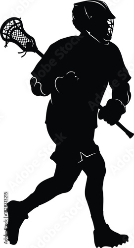 Black silhouette of a lacrosse player running with stick sport
