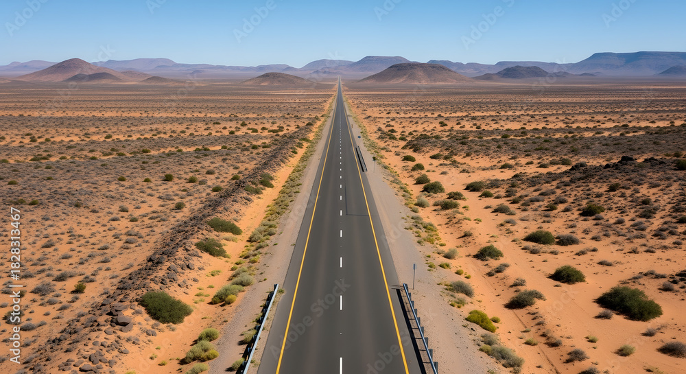 Fototapeta premium Long Straight Road Across a Desert Landscape with Mountains