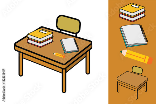 Flat vector illustration of classroom desk with school supplies including notebooks, pencils, and digital tablets in clean modern design.
