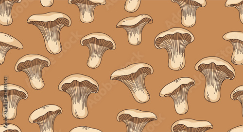 Seamless pattern featuring hand-drawn beige chanterelle mushrooms artfully scattered across a warm brown background.