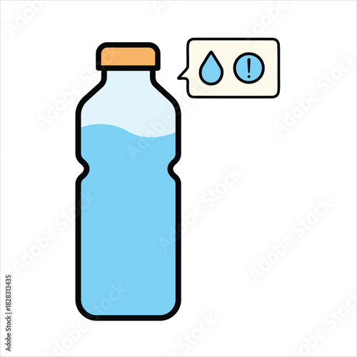 Flat hydration reminder illustration with water bottle and notification elements in colorful minimal modern vector style with transparent background.