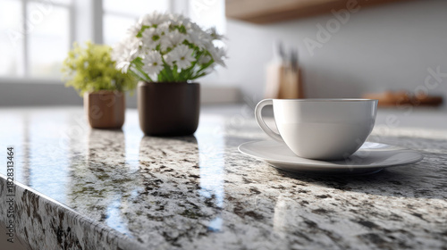 Wallpaper Mural Realistic Commercial Depiction of Polished Granite Countertop with White Cup and Flowers in a Modern Kitchen Setting Torontodigital.ca