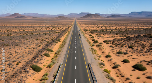 Long Straight Road Across a Desert Landscape with Mountains