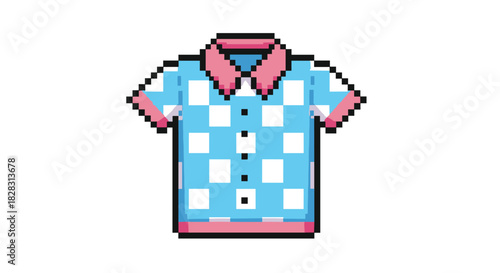 A vibrant pixel art casual shirt with a blue and white checkered pattern, featuring a pink collar, cuffs, and hem, presented as a nostalgic 8-bit game asset.