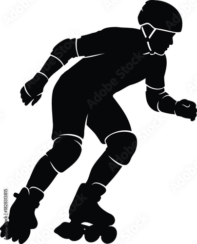 Black silhouette of a person wearing roller skates and protective gear rollerblading