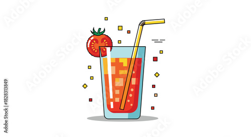 Refreshing glass of vibrant tomato juice with a straw and a fresh tomato garnish, surrounded by playful abstract shapes, in a flat vector style.