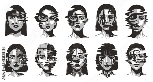 Black and white vector portraits of female faces with digital glitch effects and distortion. Conceptual cyberpunk art symbolizing technological malfunction, data corruption, identity issues, or digita