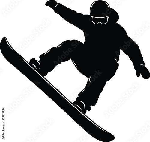 Black silhouette of a snowboarder in mid-air performing a trick white sport