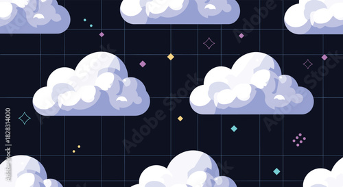 A whimsical cartoon background featuring fluffy white and purple clouds, a subtle grid pattern on a dark blue sky, and scattered colorful sparkling elements.