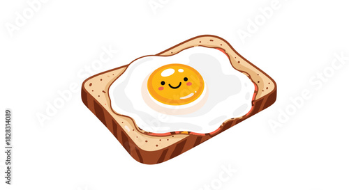 A charming cartoon illustration of a smiling fried egg perfectly placed on a slice of toasted bread, depicting a happy breakfast meal.