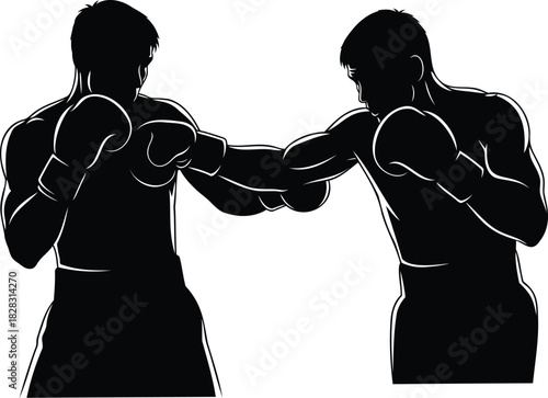 Two black silhouette boxers in action throwing punches on white background boxing fighter