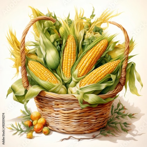 バスケットの新鮮なトウモロコシと葉っぱ