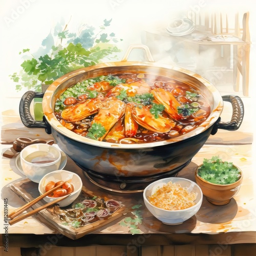 Hot Pot Meal with Fresh Ingredients on Wooden