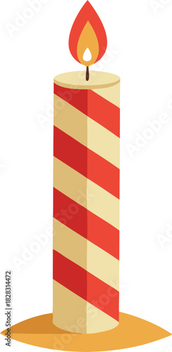 Festive striped candle with a bright flame burning