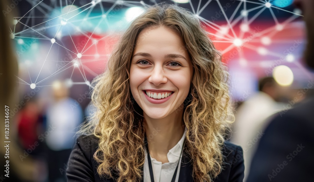 Obraz premium A smiling woman appears with digital links around her, representing human connection and social networking. The scene blends personal warmth with technology.