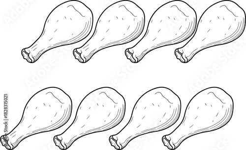 Black and white vector illustration of eight chicken drumsticks arranged in two neat rows for food, counting, and education themes.