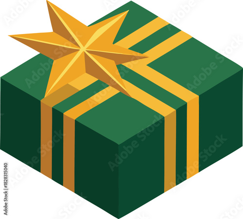 Green christmas gift box with golden star and ribbon