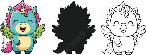 Cartoon unicorn character in three styles: full color, silhouette, and line art for coloring, ideal for kids and design projects.