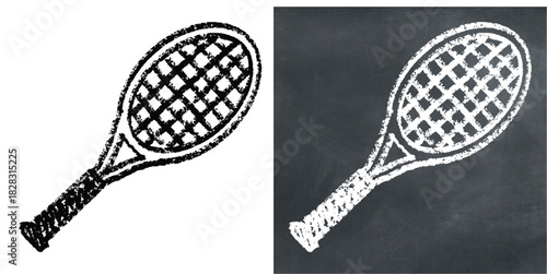 Chalk Handdrawn Racket Vector Ideal for tennis, badminton, and squash graphics in a rough chalkboard style. Symbolizes athletic equipment, sport, and competition.