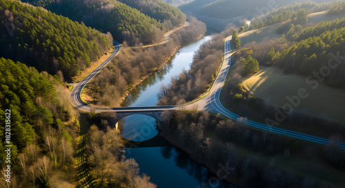 Mountain Road beside River Aerial View Forest Landscape Curved Asphalt Highway