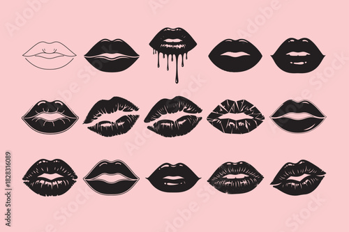 Collection of Silhouette vector lipstick kiss prints and lips.