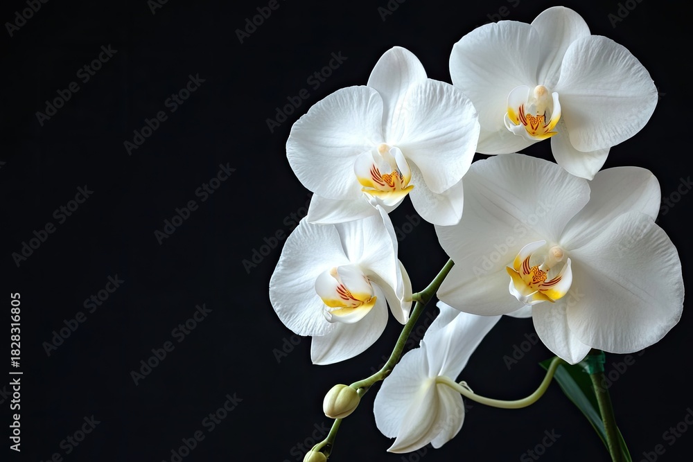Obraz premium A white orchid with multiple flowers blooming on a stem against a black background.