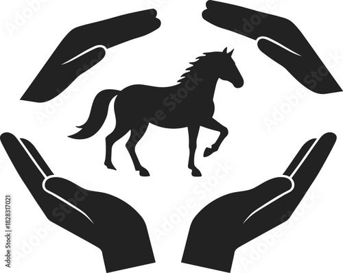 Horse protection concept with caring hands, animal welfare symbol, equine safety, silhouette design for conservation and veterinary themes