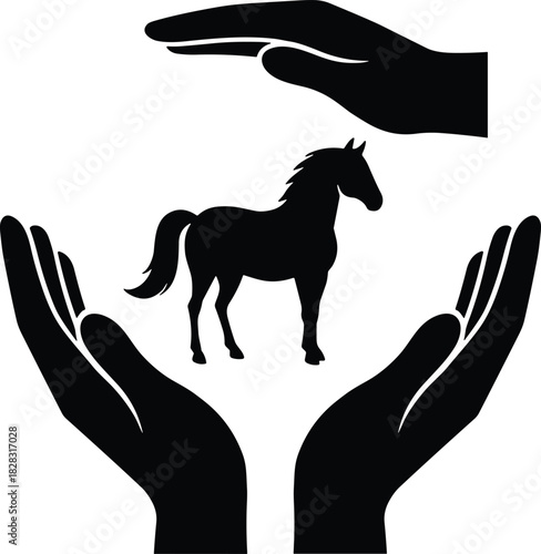 Horse protection concept with human hands silhouette, animal care symbol, equine safety illustration, wildlife conservation vector design art